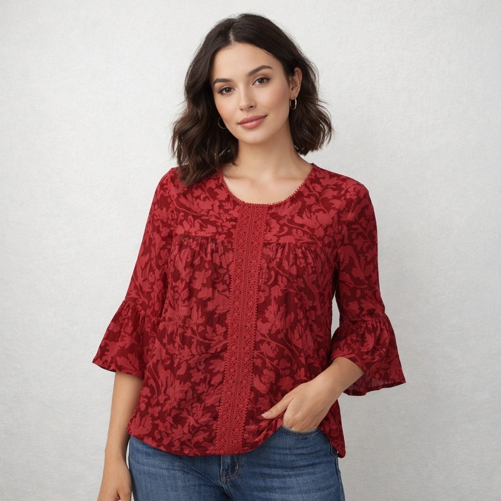 Velvet Burnout Tunic Top Med Red Crochet Floral Bell Sleeve Holiday Party Blouse
